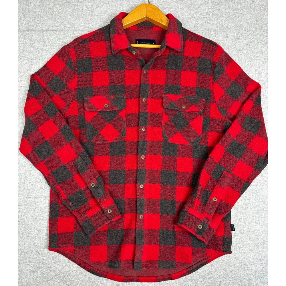 Lucky Brand Brushed Jersey Flannel Shirt Medium Red Buffalo Plaid Button Down